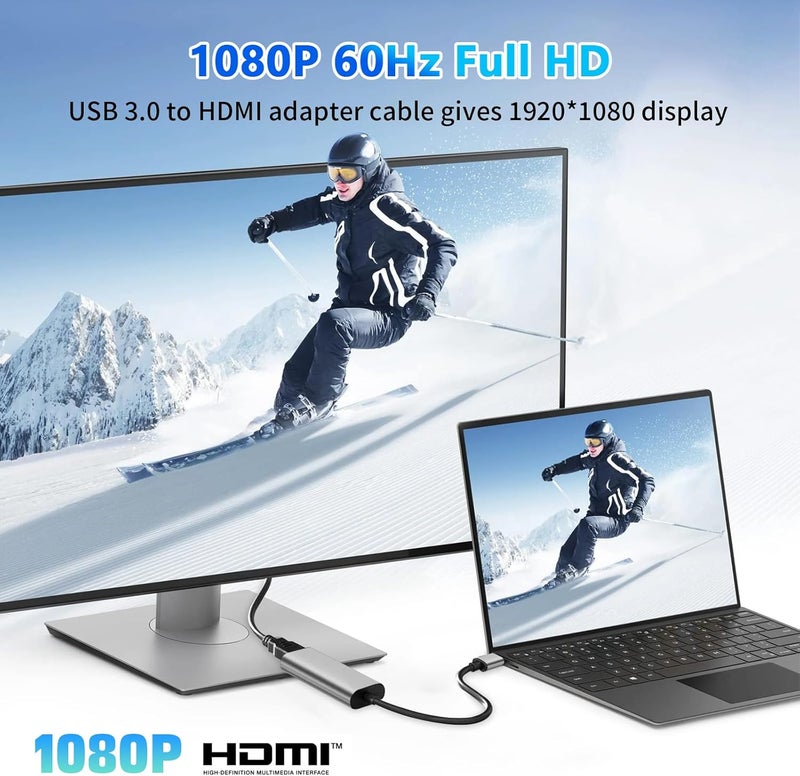 DERSUR محول USB إلى HD، 1080P USB 3.0 إلى موصل HD للذكور إلى الإناث كابل محول متعدد العرض للكمبيوتر المحمول والكمبيوتر المكتبي والتلفاز، متوافق مع Windows 11/10/8.1/8.7/MacOS رمادي - Image 4
